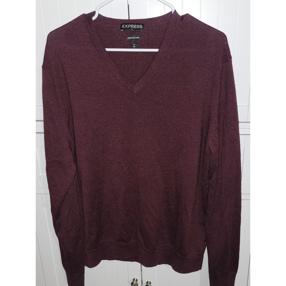 Express‎ V Neck Sweater Mens XL Burgundy Merino Wool Blend Long Sleeve Casual